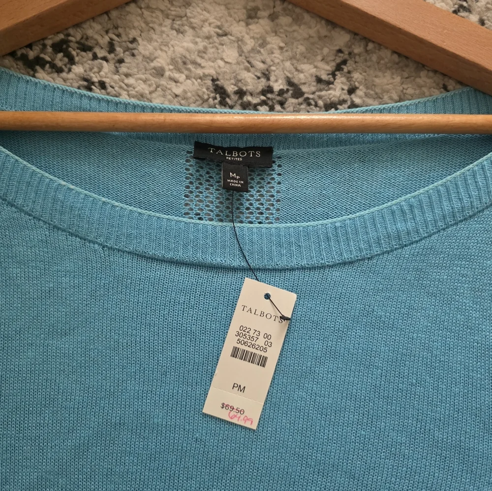 Talbots Linen Blend Boat Neck Sweater Womens M Petite Blue NWT Preppy Coastal